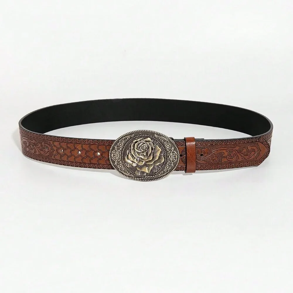 Brown Rose Buckle Casual Women's  Polyurethane faux leather Belt